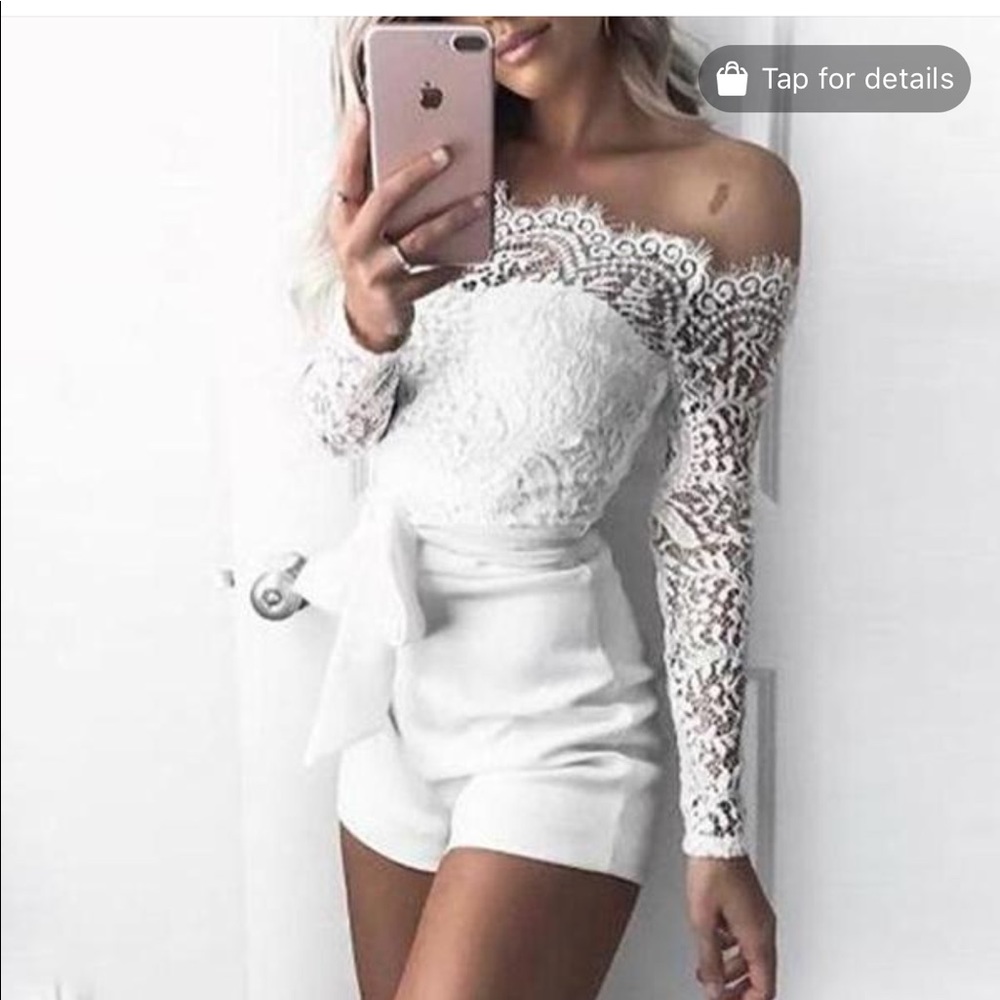 White lace off the shoulder jumpsuit